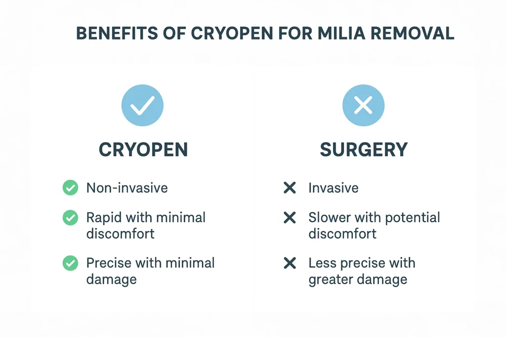 Benefits of cryopen for milia removal Hertford compared to surgical treatments.