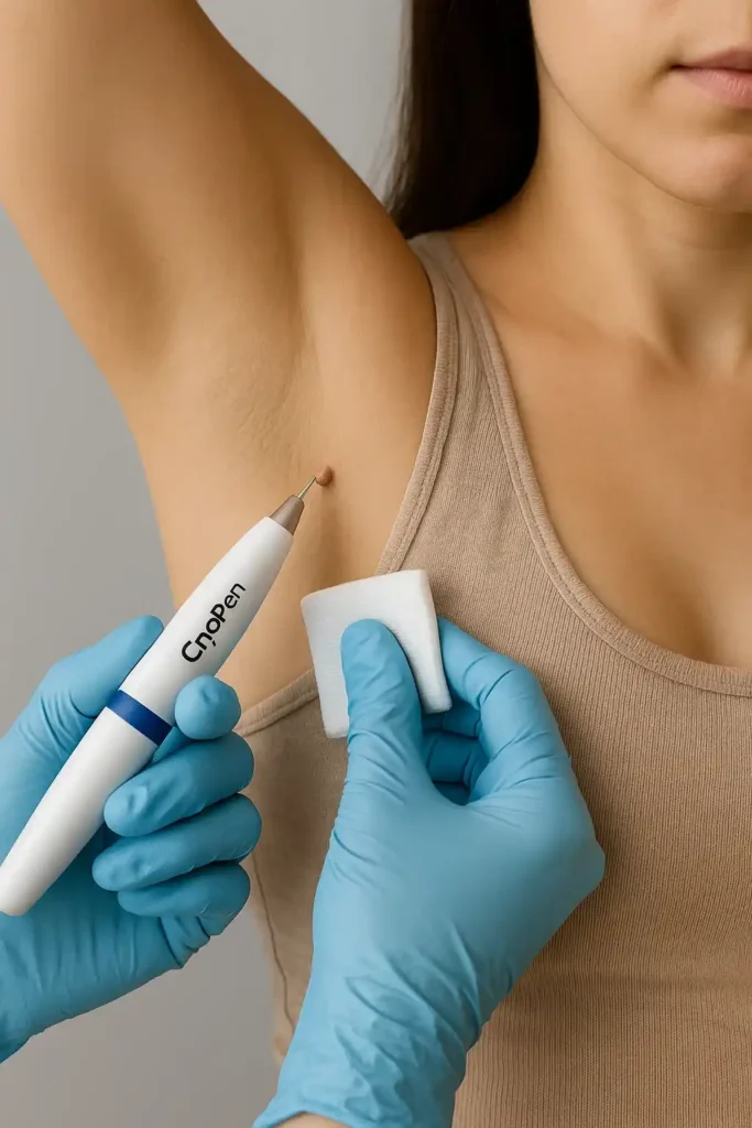 woman having cryopen to remove underarm skin tags Hertford