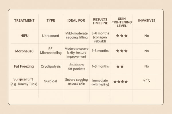Table showing the comparisons of Skin tightening Hertford treatment options.